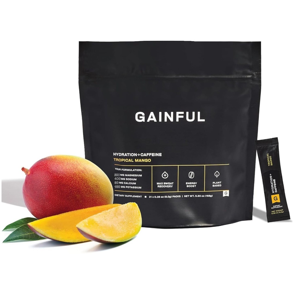 Gainful Hydration + koffein Powder Pakninger med Key Electrolytes Magnesium & Natrium + L Theanin, Lavsukkerdrik Mix, Tropical Mango, 21 sticks