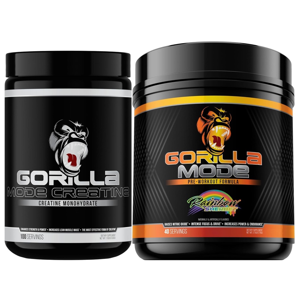 Gorilla Mode Creatinine Monohydrat Mikroniseret pulver & Pre workout (Rainbow Sherbert) - Massive Pumps • 124; Laser Focus Energy • 124; Forbedret muskelstørrelse • 124; Power Output og styrke