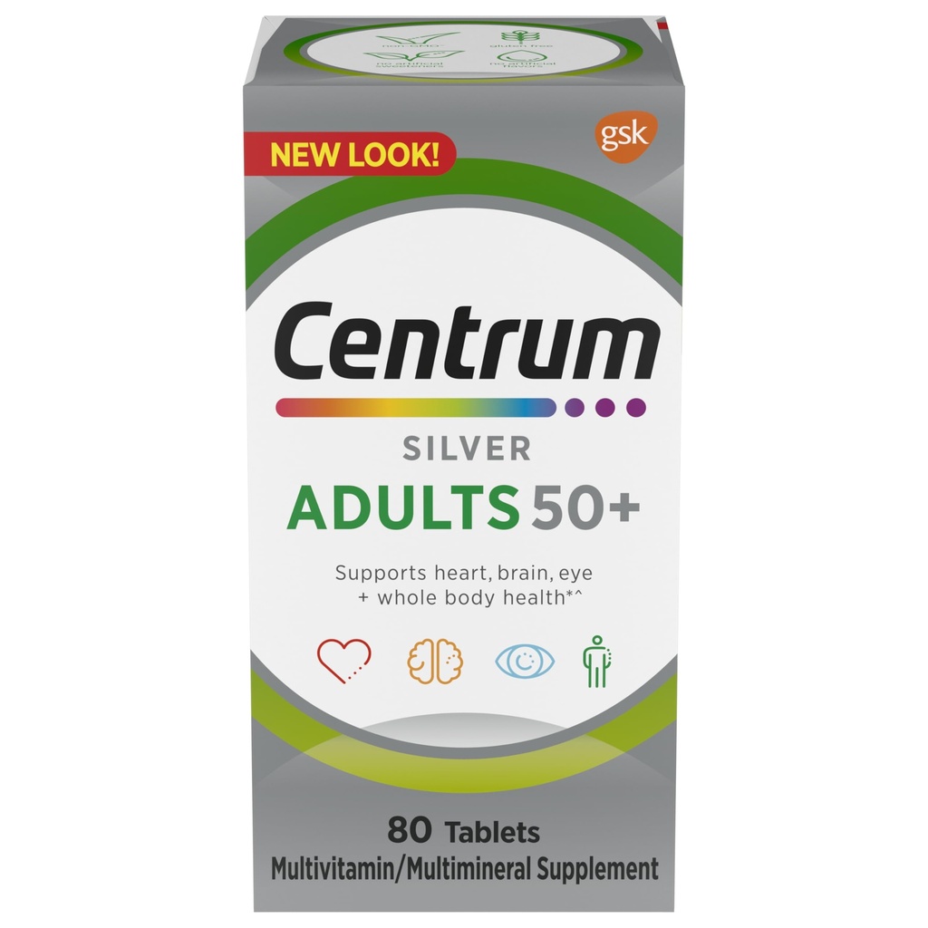 Centrum Sølv Multivitamin til voksne 50 Plus, Multivitamin / Multimineral supplement med vitamin D3, B Vitamin, Calcium og antioxidanter, Gluten Free, Non- GMO Ingredienser - 80 Tæl