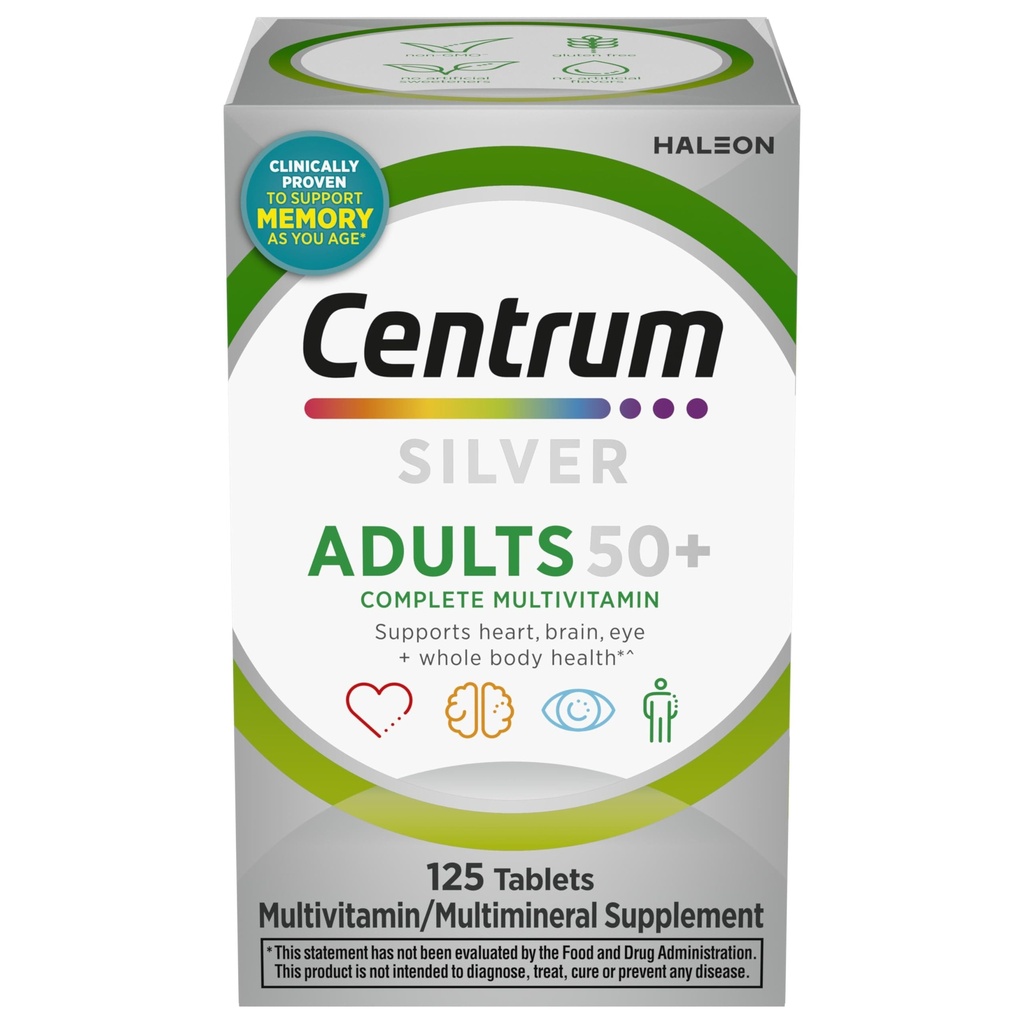 Centrum sølv Multivitamin til voksne 50 Plus, Multivitamin / multimineral supplement, vitamin D3, B-vitaminer, gluten fri, non-GMO ingredienser, understøtter hukommelse og kognition hos ældre voksne - 125 Ct