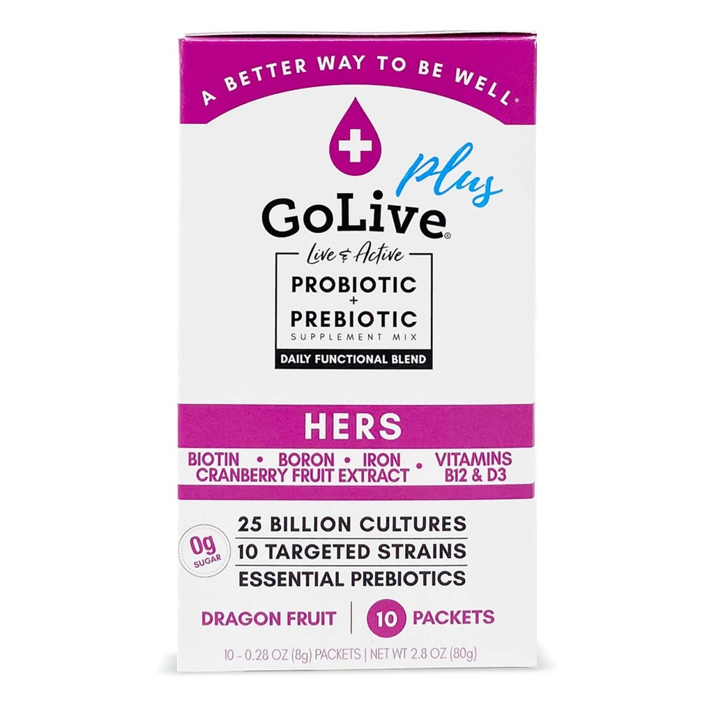 GoLive Probiotic for Women - Sugar- Free Synbiotic Powder med Prebiotika, Tranebær, Biotin, B12 & D3- 25 Millioner CFU 'er, 10 Kliniske Strops - Understøtter Vaginal, fordøjelsessygdomme, UT & immunforsvar