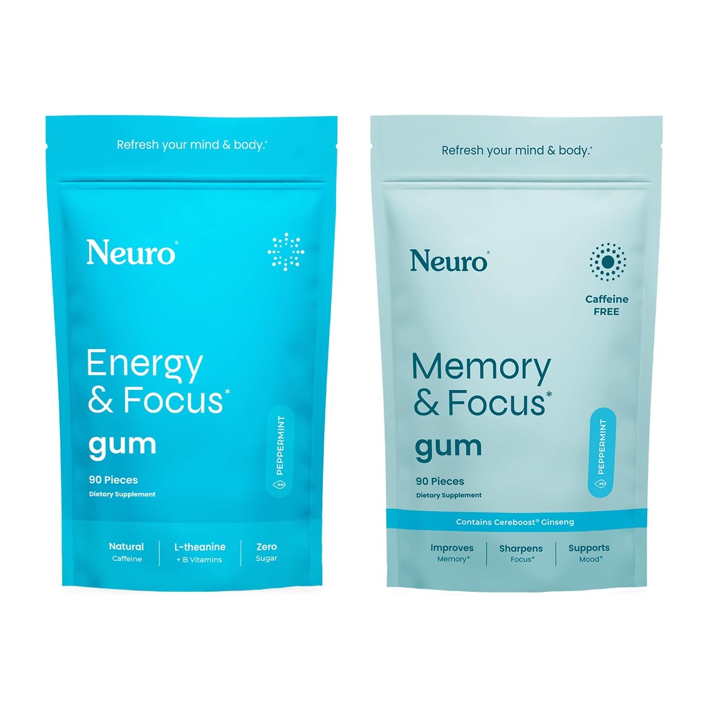 Neuro Focus Set - 90 Greve hver (pebermynte) - Sukker fri Nootrop Chewing Gums med naturlig koffein, L-Theanin, B-Vitamin & Ginseng for energi, Alerness & Clarity