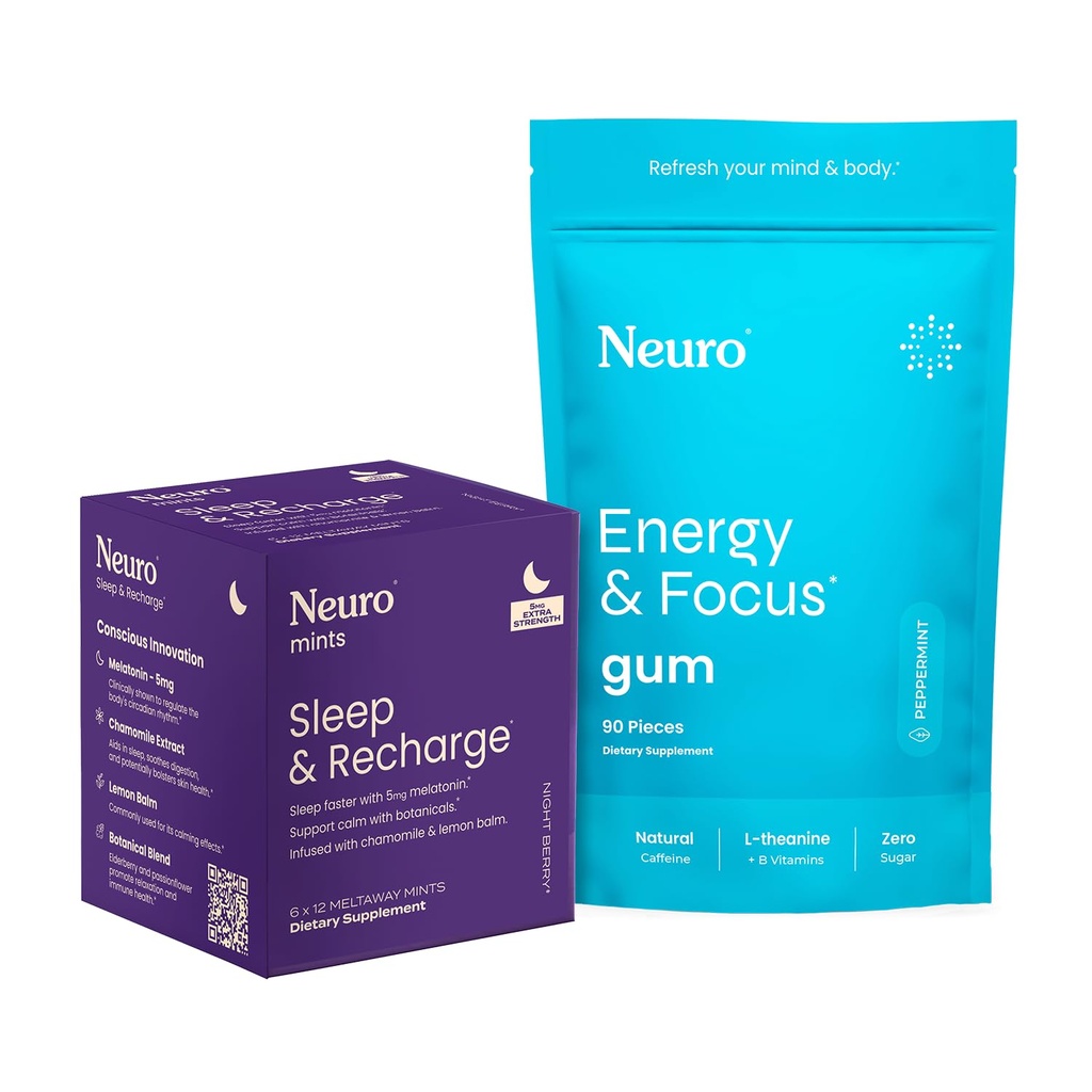 Neuro Energy & Sleep Bundle - Energy & Focus Gum (pebermynte, 90 greve) + Melatonin 5mg Sleep & Recharge Mints (Night Berry, 72 stykker) - Dagtid Focus & Nighttime Rest Support