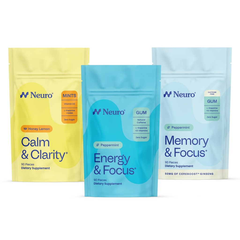 Neuro Cognitive Balance Bundle - Hukommelse & Focus Nootrop Gum (Peppermint, 90 Greve), Sleep & Recharge Melatonin Mints (Berry, 72 Greve), Calm & Clarity Stress Support Mints (Honning Lemon, 90 Greve)