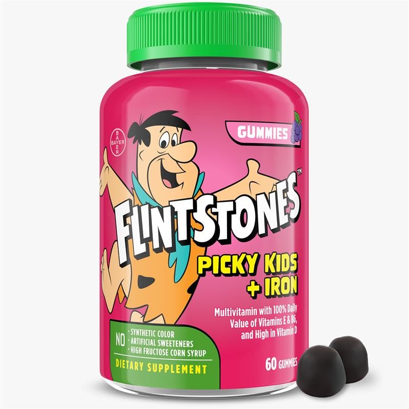 Flintstone Vitamin til Picky Kids + Jern, Kids Multivitamin Gummies med C-vitamin, D, E, B6 og Jern, Gummic Vitamin, Grape Flavored, 60 Gummies
