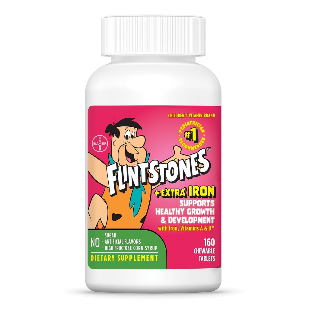 Flintstone Vitaminer Chewable Kids Multivitamin med + Ekstra Jern til Toddler & Kid med C-vitamin, D-vitamin B12, 160 Greve (Packaging Will Vary)