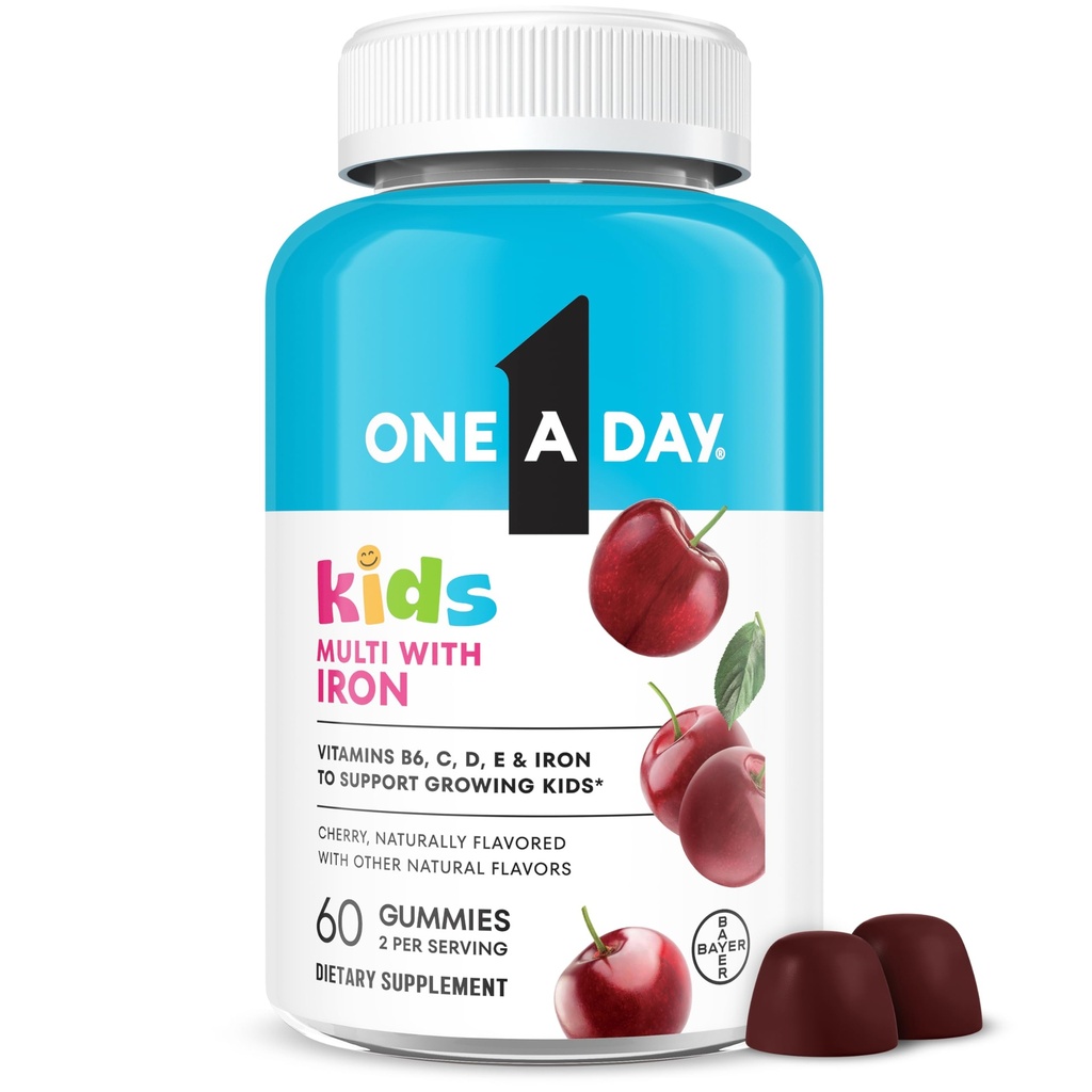 One A Day Kids Multivitamin med Iron Gummy, D-vitamin, C-vitamin, E-vitamin, Zink til immunforsvar, Gummy vitaminer, Kids Multivitamin Gummies med Iron, Cherry Flavor, 60 Greve (Packaging May Vary)