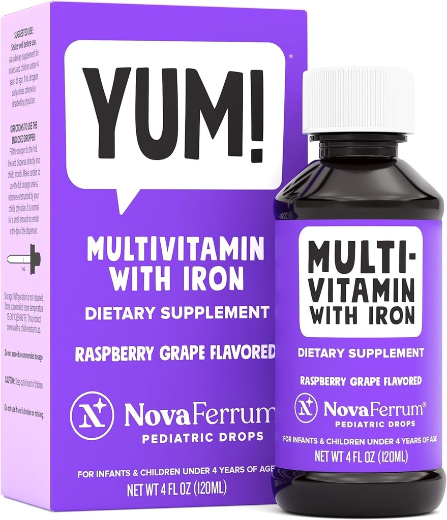 NovaFerrum Yum Beeg 124; Multivitamin med Jern til spædbørn, Toddlers & Kids Beeg 124; Formeringsstøtte â 124; Age 4 & Under # 124; Gluten fri Certificeret 124; Sukker fri â 124; Raspberry Grape â 124; 120 Servering