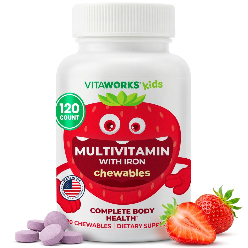 Kids Multivitamin med jern & mineraler Chewable Tabletter - blandet frugt flavor - Vegetarisk, GMO- fri, Nut Free - Kosttilskud - fordøjelsesstøtte til børn - 120 Chewables ",