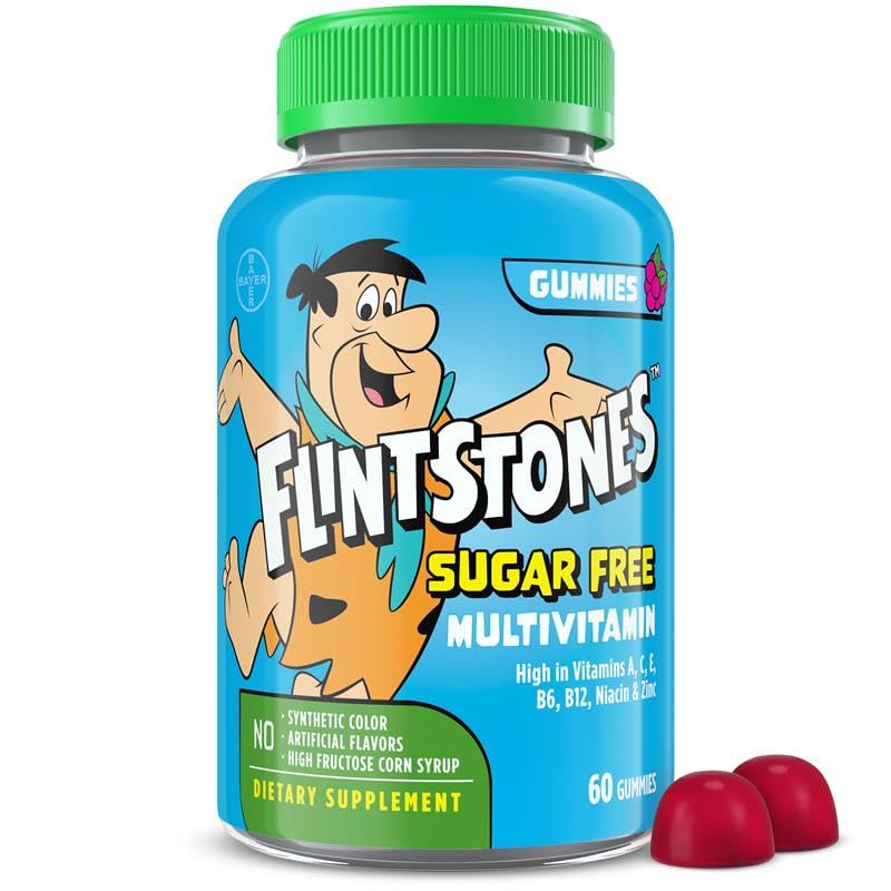 Flintstone Multivitaminer til børn, Sugar Free Kids Multivitamin Gummies, med Vitamin A, C, E, B6 & B12, Raspberry Flavored Gummy Vitamin, 60 Greve