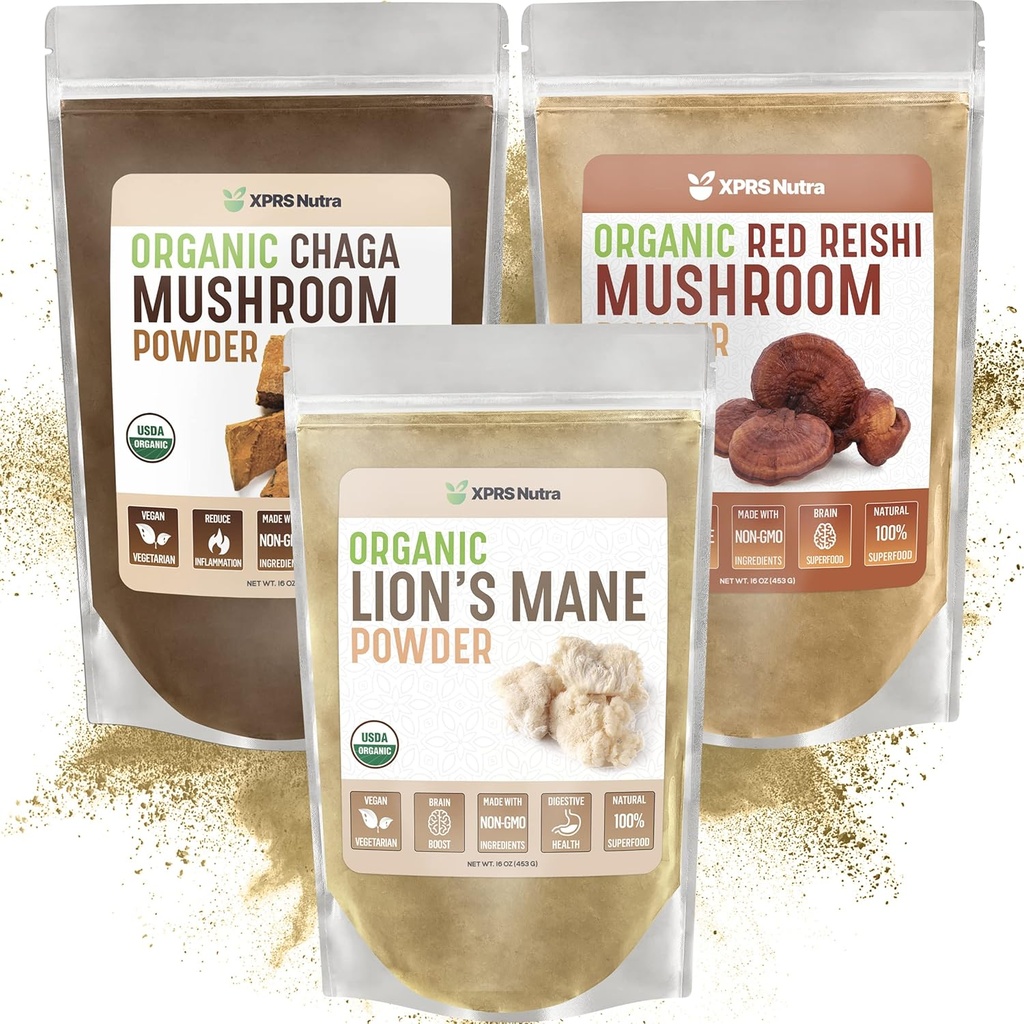 XPRS Nutra Mushroom Bundle - Lions Mane, Chaga, Red Reishi Mushrooms - All Organic Mushroom Bundle (16 Ounces Hver)