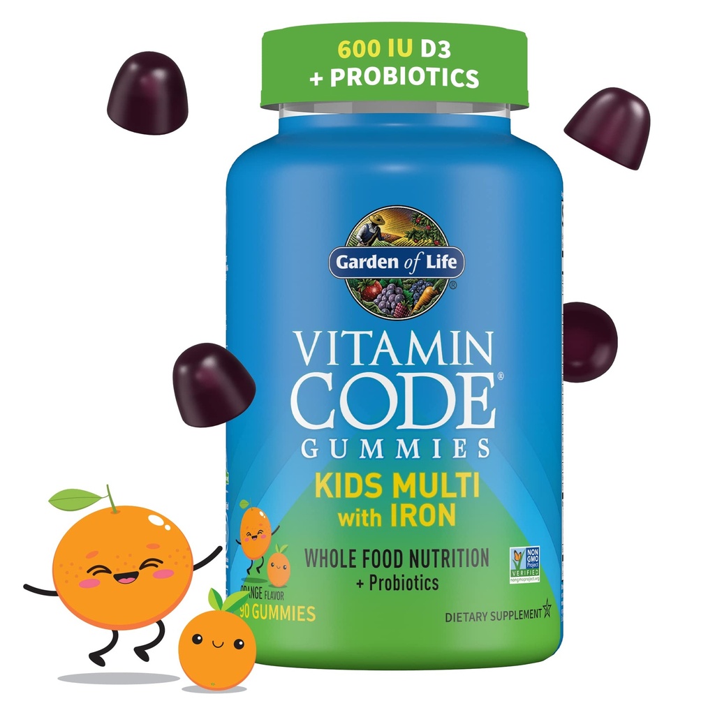 Kids Multivitamin Gummy med Iron + Probiotika til immunsundhed & fordøjelse: Vitaminer D, C, E, B, Zink til energi & udvikling, Vitamin Code, Non- GMO, Gluten- fri, 90 Orange Gummies, 30 dages forsyning