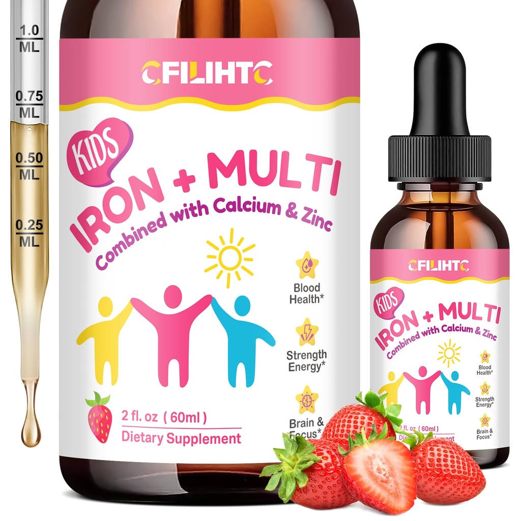 Flydende jerntilskud til børn, kvinder & mænd - med calcium, zink, Kids Multivitamin med jerndråber - immunforsvar, blod builder & energi støtte til jernmangel, anæmi, Vegan 2 Fl Oz