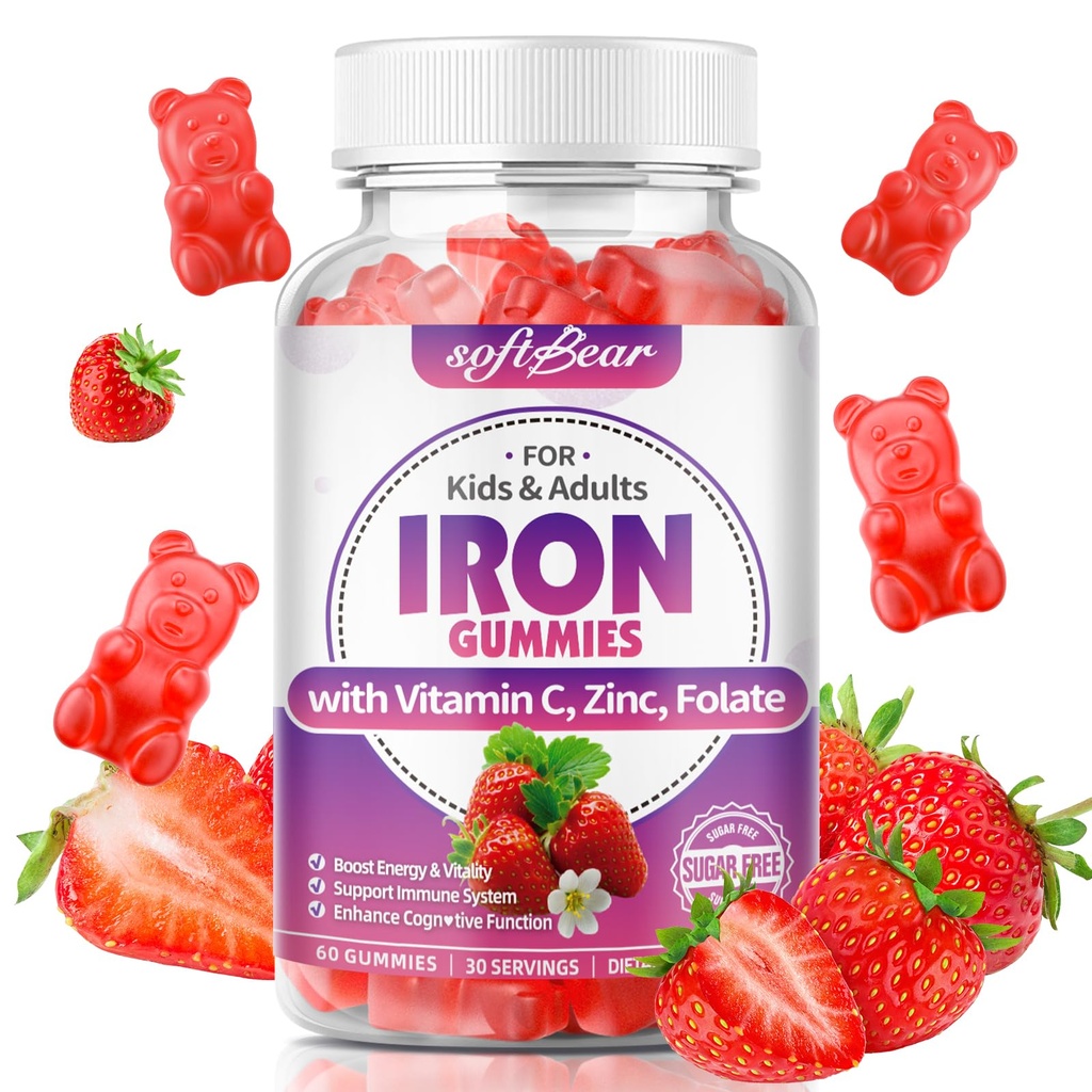 softbear Iron Gummies for kvinder & mænd & børn, Chewable Iron Supplements with Vitamin C, B3, B5, B6, B12 Supports Immunsystem, Energi & Vitality, Sugar- Free / Vegan, Strawberry Flavor 60 Count