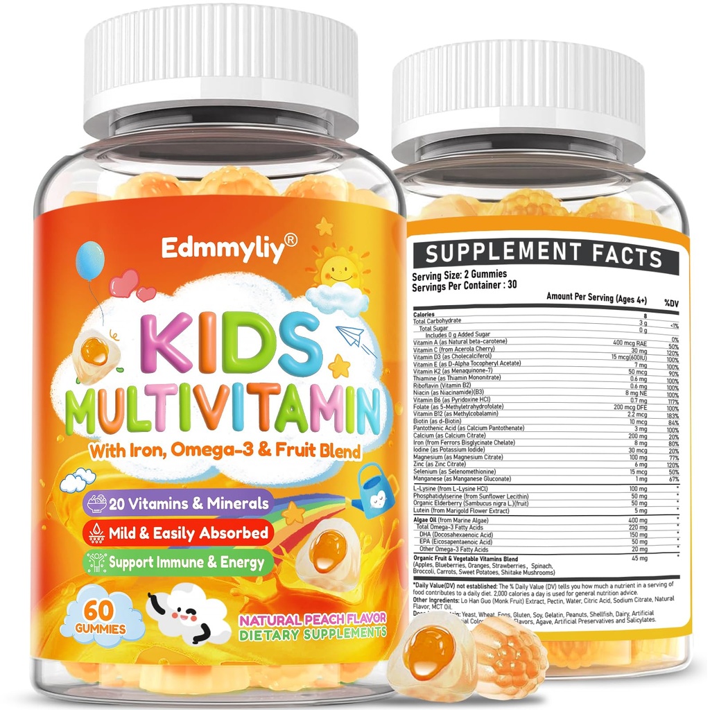 Kids Multivitamin Gummies - Vitaminer A D3 K2, Methylerede B- kompleks med Omega-3, Jern til immun- og udviklingsstøtte - Organisk mixed- Berry Flavor Multivitaminer til børn dagligt - Sukker fri & Vegan