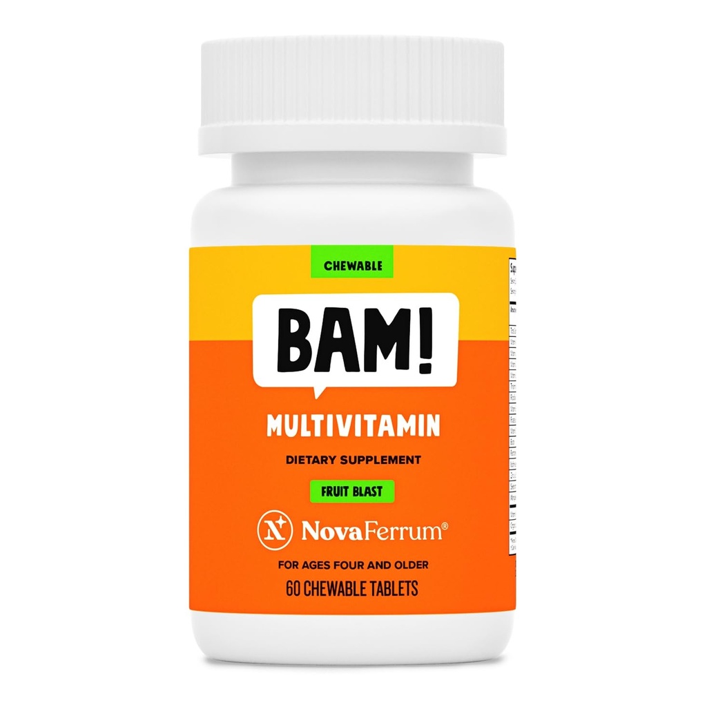 NovaFerrum BAM Chewable Multivitamin til børn og voksne 4 år og derover - Fruit Blast Flavor - 60 tyggetabletter - med vitaminer A, C, D, E, B6, B12, biotin, zink, Selen & Mangan