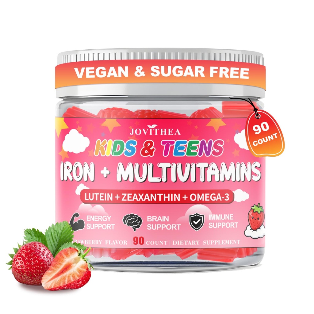 90 Tæl 124; Iron Gummies for Kids Multivitamin med Calcium, Zink, Folate, Omega-3 & Lutein, Support Energy, Immity, Iron Deficiency, Anemia & Brain Health, Vegan, Sugar- Free, Strawberry Flavor