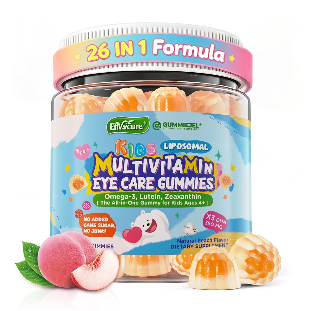 Børn Multivitamin Gummier med jern, 450mg Alger Omega-3, Methylerede B12, Folate, Fiber 2g, Probiotika, Magnesium, A, C, D, K, Zink, Børn Vitaminer for vækst, Brain, Eye, Gut, Immun, Sukker fri
