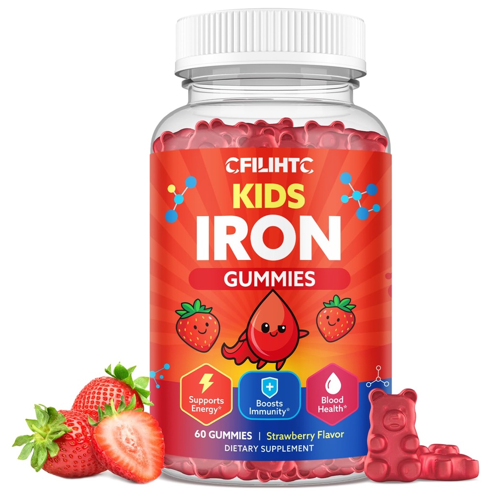 Iron Gummies for Kids & Teens, Kids Multivitamin med Iron Supplement, Calcium, Folate, Zink, Prebiotic - for Blood Builder & Energy Support, Iron Deficiency - Vegan & Non- GMO - 60 Count Strawberry
