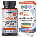 Picky Essentials Kids Multivitamin with Iron + Zinc | 20+ Essential Nutrients | Ages 2+ | Naturally Strawberry Flavored | Vitamins and Minerals A, C, D3, Bs | No Added Sugar | 60 Chewable Tablets