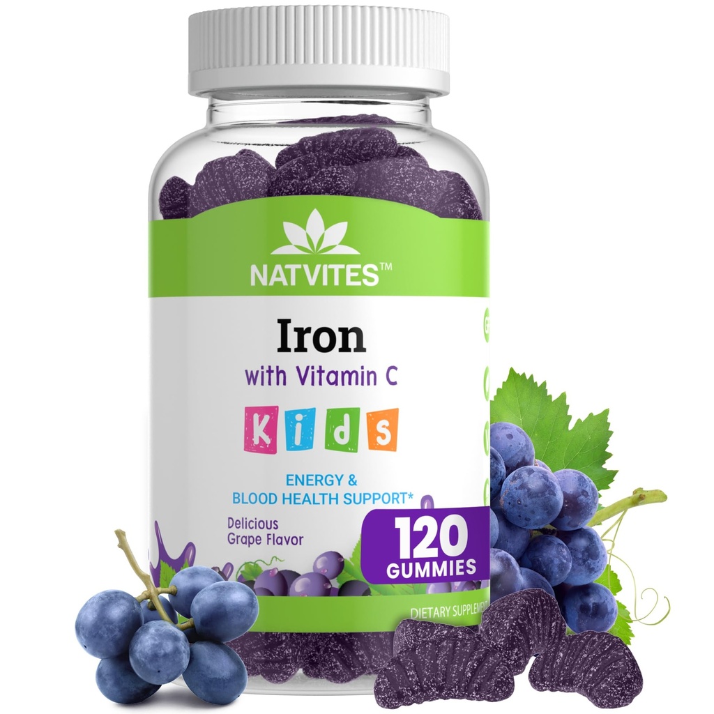 Kids Iron Gummies med C-vitamin - lækker Grape Flavor - Energi & Blod Health Support - Gluten Free Non- GMO Vegetar Børnejernsupplement til børn og tandlæger Alder 2 + (120 Tæl)