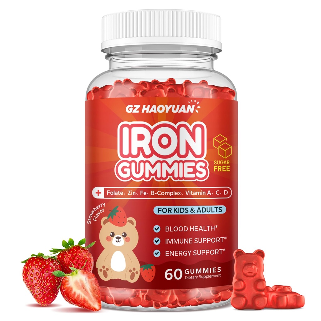 Iron Supplement Gummies for Kids Multivitamin med Iron - Zink, Vitamin B Complex, A, C, D, B6, B12, Gurkemeje, Biotin for Blood Builder & Energy Support, Iron Deficiency, Vegan 60 ct