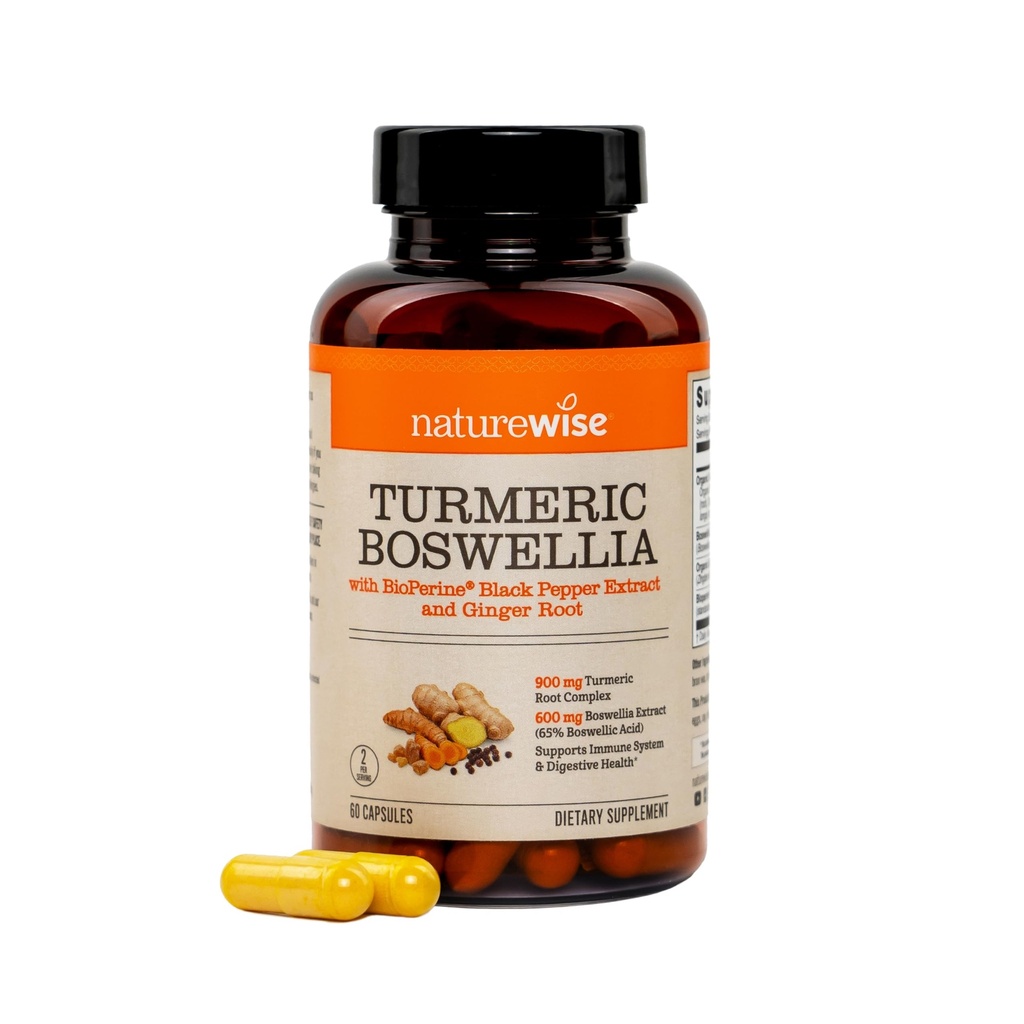 NatureWise gurkemeje Boswellia Supplement med BioPerine & Organic Ingefær Root - Organic gurkemeje 900mg + Boswellia Extract 600mg - Non- GMO, Vegan, USA Fremstillet - 60 kapsler [30- dag Supply]