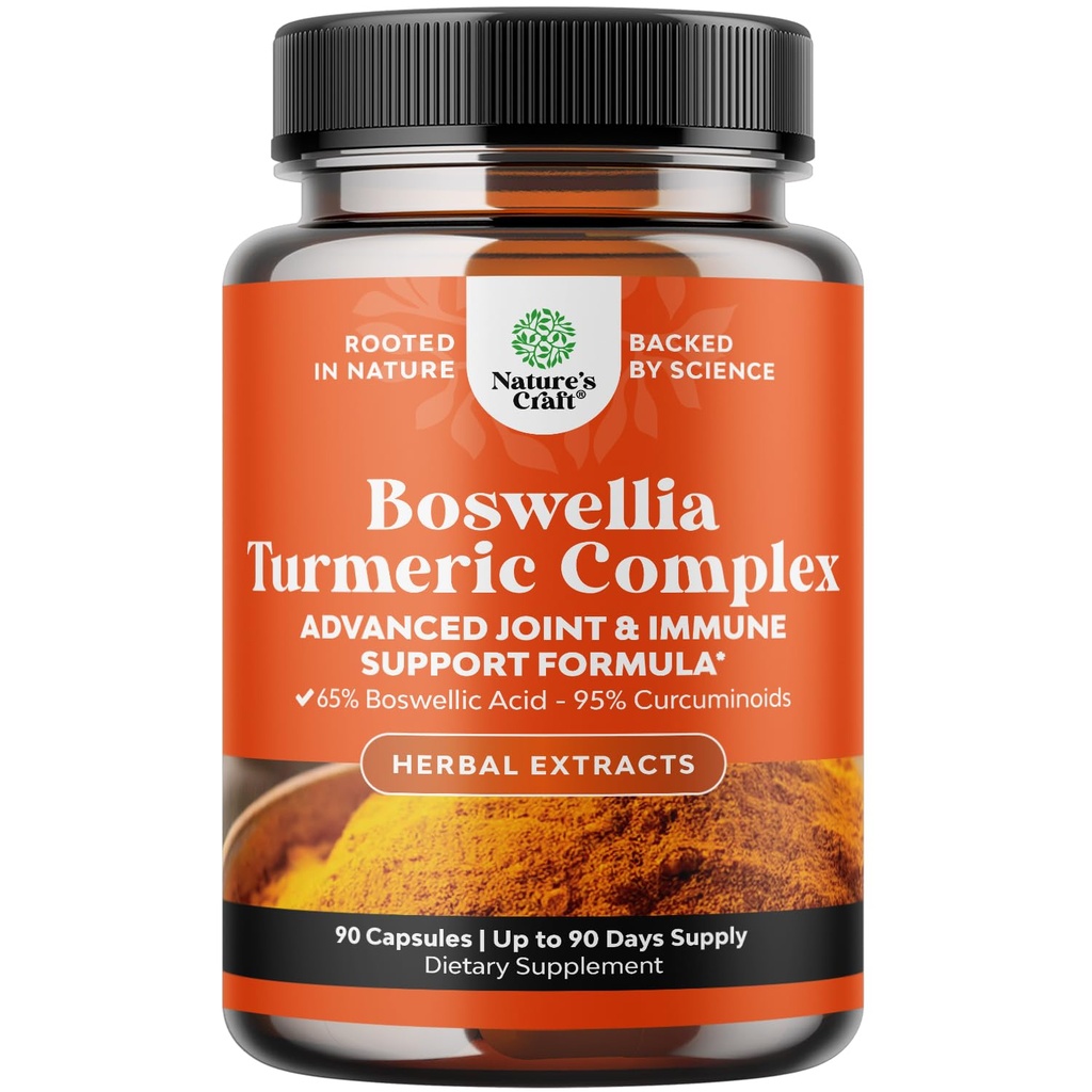 Boswellia Extract Kapsler med gurkemeje - Avanceret immunforsvar Support - Gurkemeje & Boswellia Serrata Kapsler 500mg per Servering for Body Detox & Sunde Joints - 90 Greve