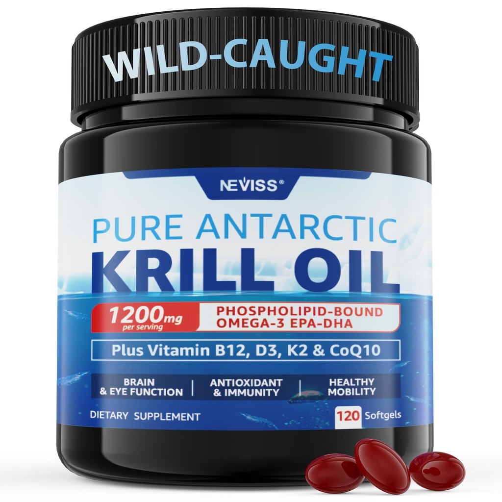 Antarktiske Krill Oil 1200 mg Omega 3 Supplement, Omega 3 Krill Oil Softels w / EPA, DHA, Astaxanthin & Phospholipider for Brain & Antioxidant, bæredygtigt sourced, Ingen Fishy Aftersmage, 120 Softgels