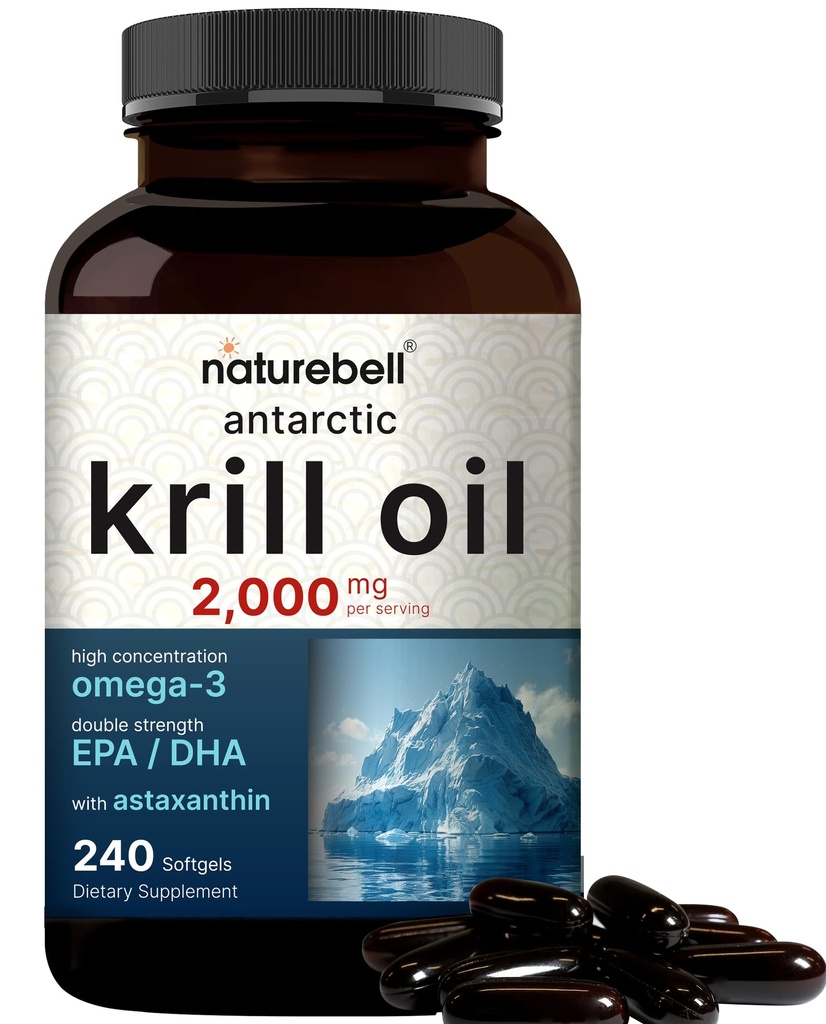 NatureBell Antarctic Krill Oil 2000mg Supplement, 240 Softgels, 3X Strength Natural Source of Omega- 3s, EPA 240mg + DHA 160mg + Astaxanthin 800mcg - No Fishy Aftersmage - Mercury Free & Non- GMO