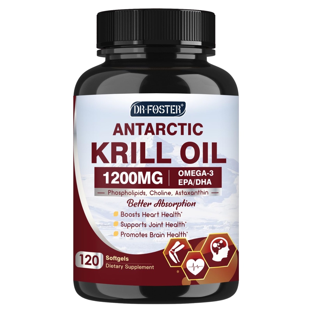 Krill Oil 1200mg, Antarktis Krill Oil Omega 3 Supplement med EPA, DHA Buddha Astaxanthin & Phospholipider til hjerte & hjerne & fælles sundhed, Ingen Fishy Eftersmag, 120 Softgels (60 Servere)