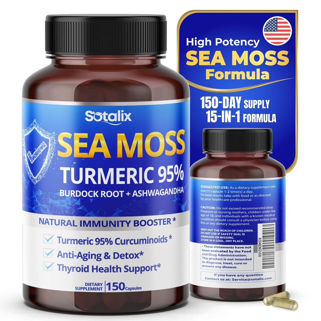 Sotalix Sea Moss Capsule med Ashwagandha, Burdock Root, Bladderwrack, Gurkemeje - Kraftfuld Natural Immunity Booster - USA Made (150 Greve (pakke med 1))