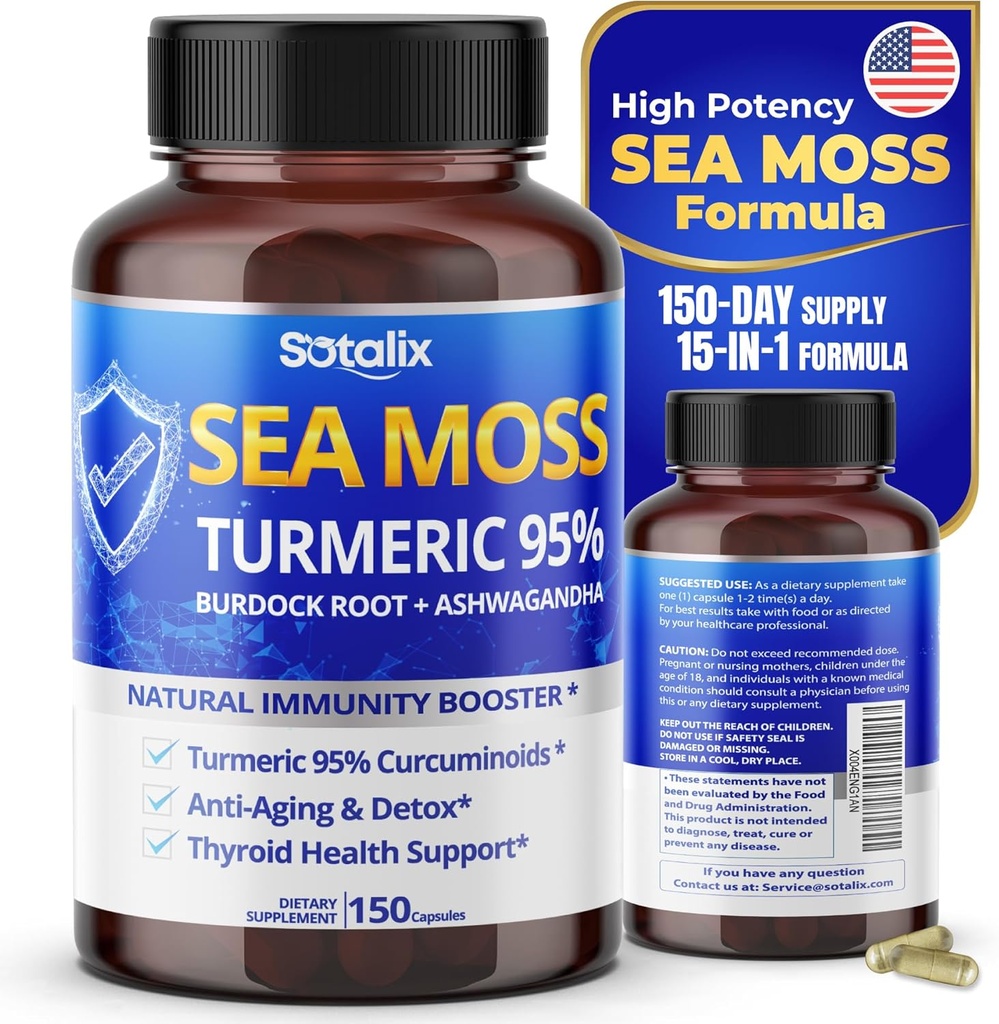 Sotalix Sea Moss Capsule med Ashwagandha, Burdock Root, Bladderwrack, Gurkemeje - Kraftfuld Natural Immunity Booster - USA Made (150 Greve (pakke med 1))