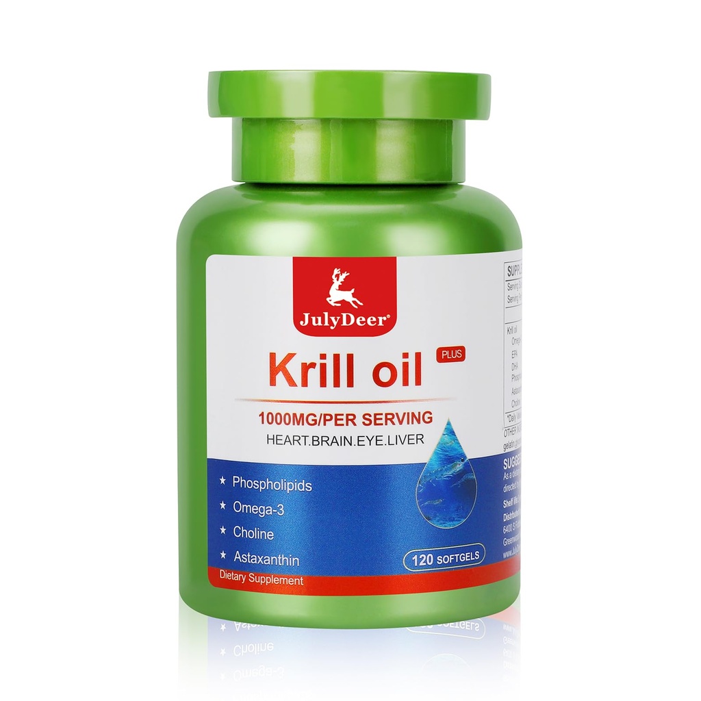 JulyDeer Krill Oil 1000 mg med Omega- 3s EPA, DHA, Astaxanthin og Phospholipids 120 Softgels Supplement, Antarktiske Krill Ingen Fishy Eftersmag for fælles, hjerte, hjerne og immunitet