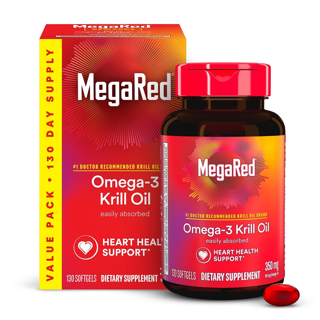 MegaRed - Omega-3 Krill Oil 350 mg Softgels (130 Tæl i en flaske), EPA & DHA Omega-3 Fedtsyrer med ingen Fishy Eftersmag i modsætning til fiskeolie, Indeholder antioxidant Astaxanthin