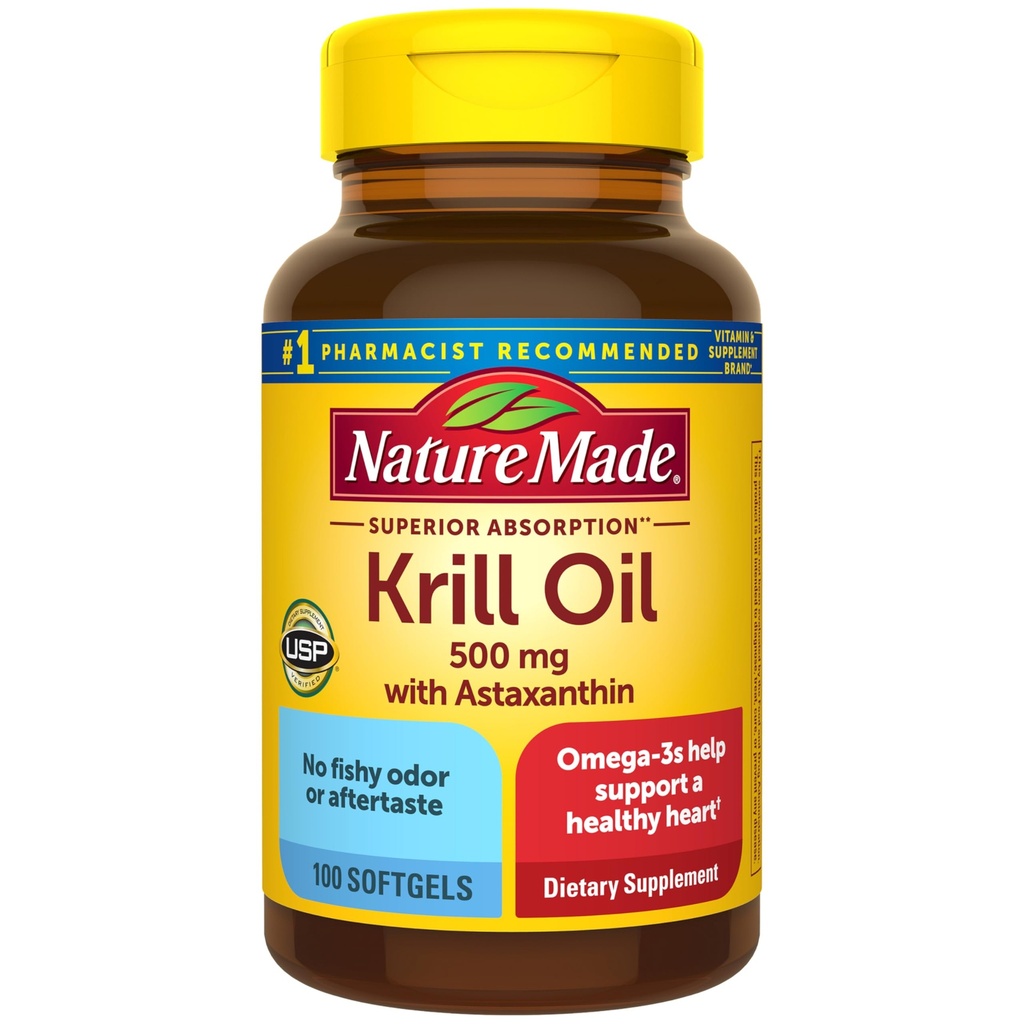 Nature Made Superior Absorption Krill Oil 500mg med Astaxanthin og Phospholipider, Omega 3 til Heart Health Support, Antarktiske Krill Oil Supplement, 100 Softgels, 100 dages forsyning