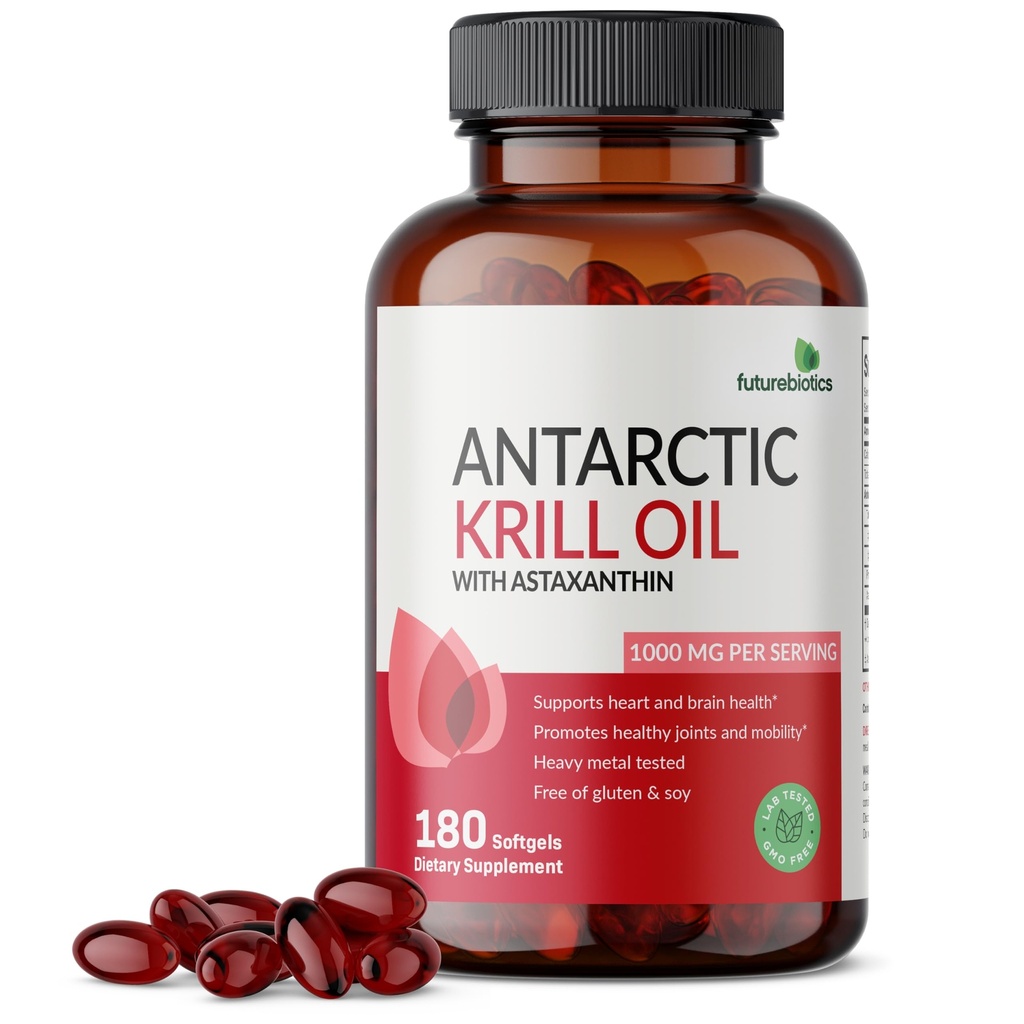 Futurebiotika antarktisk krill olie 1000mg med Omega- 3s EPA, DHA, Astaxanthin og fosfolipider - 100% Pure Premium krill olie Heavy Metal Testet, Non GMO - 180 Softgels (90 Servere)
