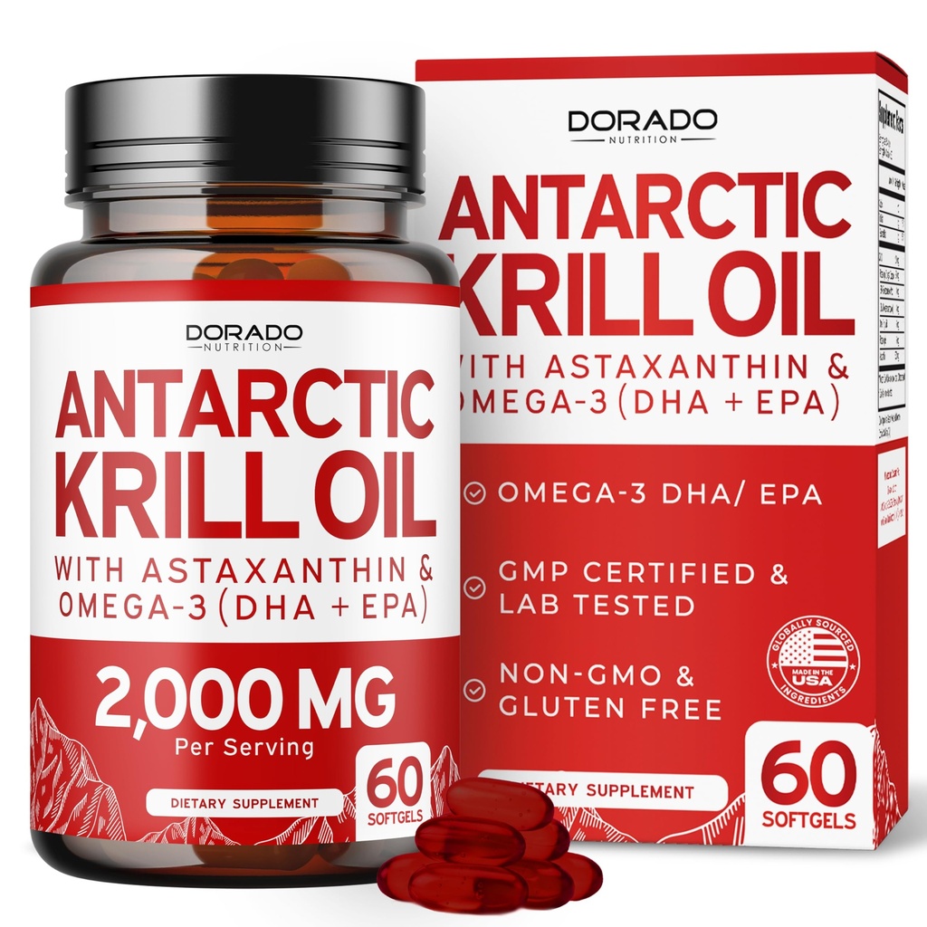 Antarktiske krill Oil Supplement (2000mg Per Serving, 60 Softgels) Krill Oil Omega 3 Kosttilskud med EPA, DHA & Astaxanthin - Premium fosfolipid for voksne - tredjepart testet, Non- GMO & USA Made