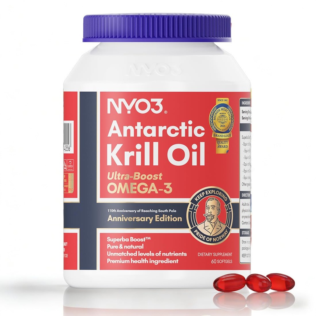 NYO3 Krill Oil 1000mg Omega 3 Supplement, 56% fosfolipider for 98% Absorption, Antarktis Superba Boost Krill Oil, High EPA & DHA for Heart Brain Blood Lipid Health, Ingen Fishy Burps, 60 Softgels