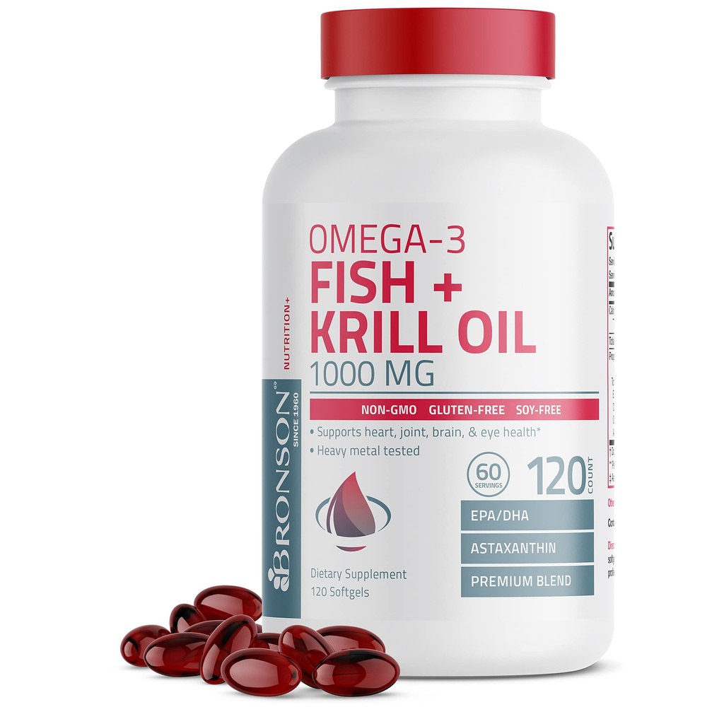 Bronson Omega-3 Fish + Krill Oil 1000 MG EPA DHA Astaxanthin Premium Blend - Joint, Brain & Eye Health - Ikke GMO, Heavy Metal Testet, 120 Softgels