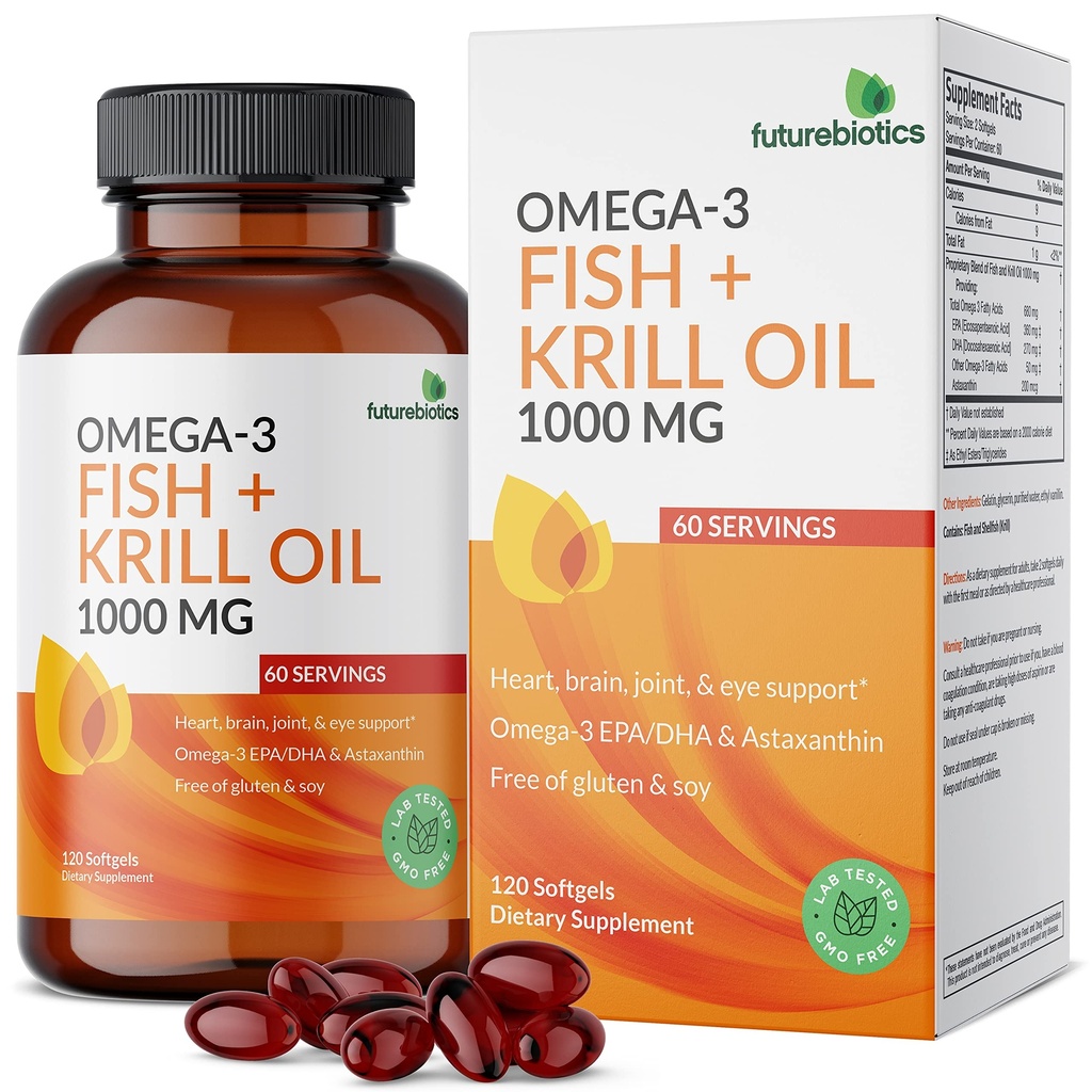 Futurebiotika Omega-3 Fish + Krill Oil 1000 MG Omega-3 EPA / DHA & Astaxanthin - Non- GMO, 120 Softgels (60 Servere)