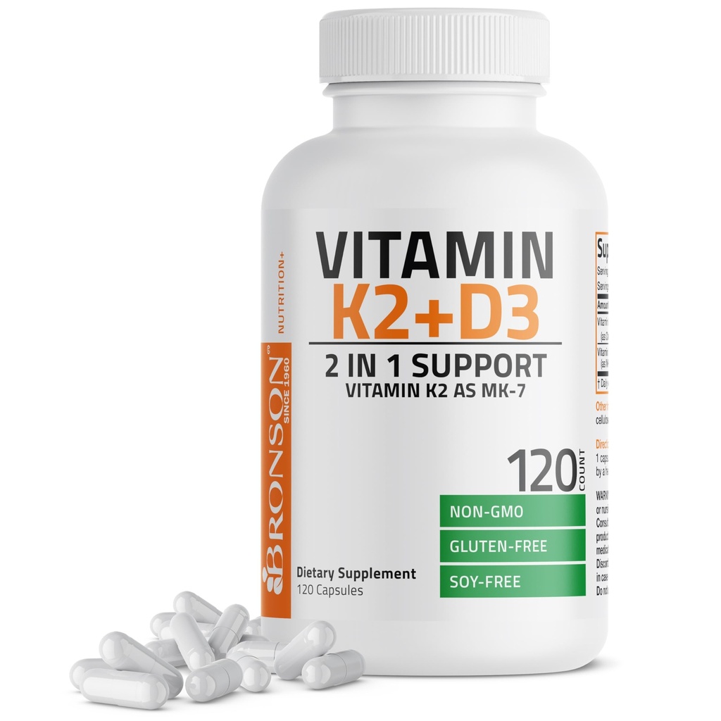 Bronson vitamin K2 (MK7) med D3 Supplement Non- GMO Formel 5000 IE vitamin D3 & 90 mcg K2 MK- 7 Let at synke D & K kompleks, 120 kapsler