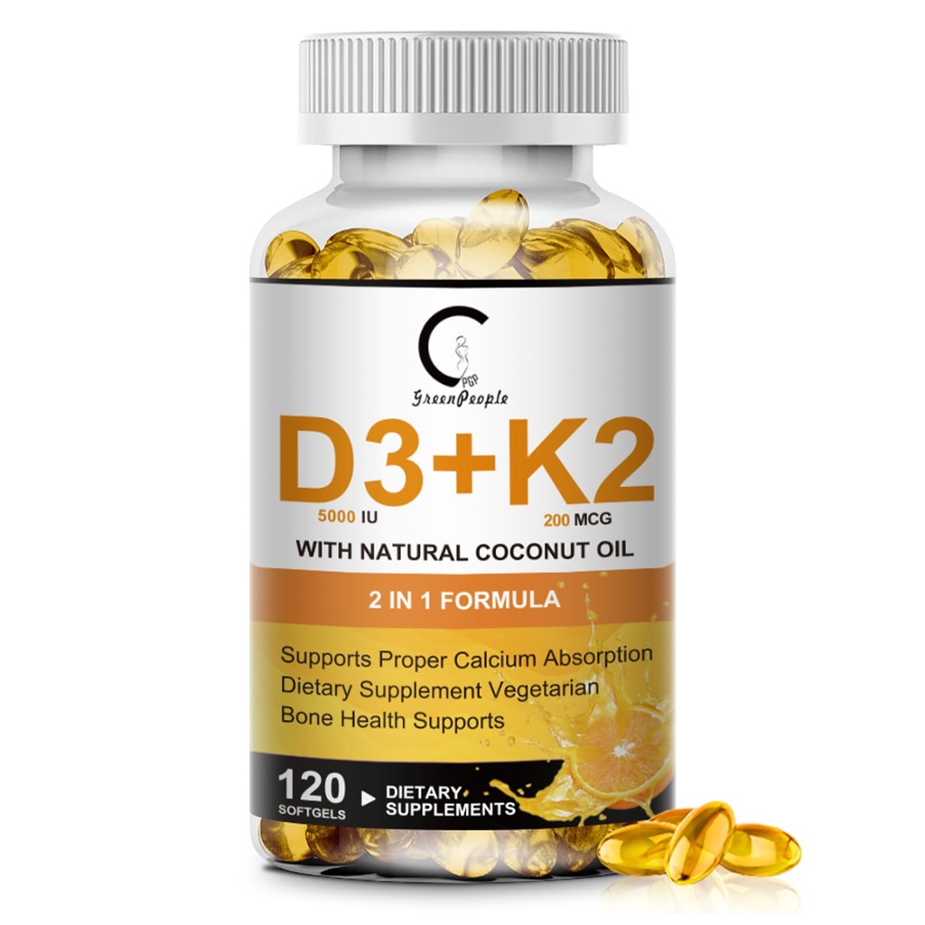 D3- vitamin K2 tillæg med D3- vitamin 5000 IE, 200 mcg vitamin K2 MK- 7 & Natural Coconut Oil, Plant Based 2-1 Formel for ben, tænder, muskel og immunforsvar Support, 120 Softgel kapsler