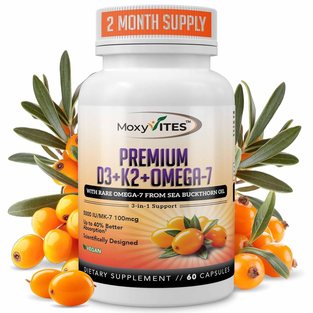 MoxyVites D3 K2 5000 IE - Høj Absorption D3 + K2 MK- 7 med Sea Buckthorn Oil & Omega- 7 - Knogler, hjerte og immunforsvar til kvinder og mænd - 60 Veganske kapsler