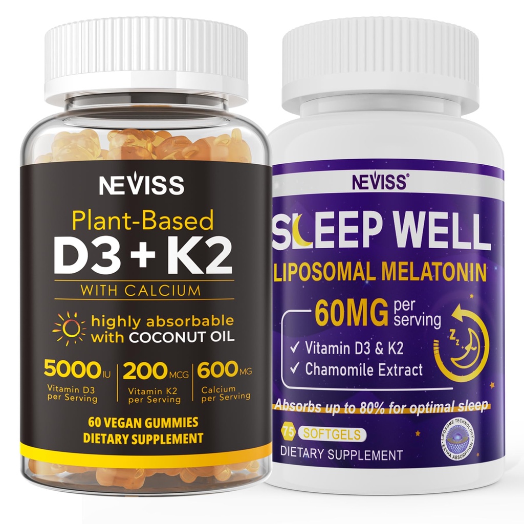 NEVISS D3K2 5000IE Gummies + Melatonin 60mg til voksne Bundle