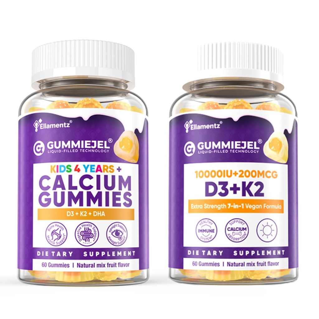 1 Pack Kids Calcium Gumies + 1 Pack D3 K2 Gumies Vitamin D3 10000 IE + K2 (MK7) 120mcg