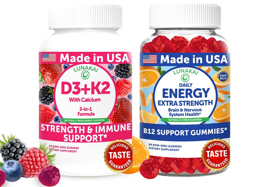 Lunakai USA Lavet D3 + K2 med Calcium & Energy B12 Gummies Bundle - Vegan, Non- GMO - 60 Gummies Hver