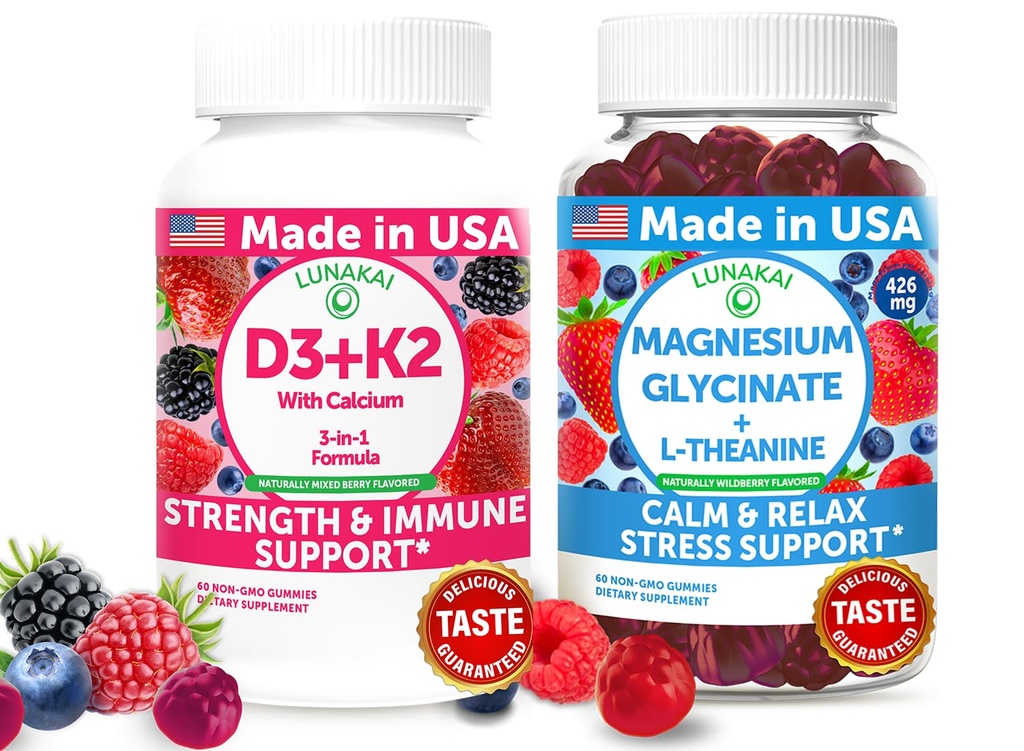 Lunakai USA Made D3 + K2 med Calcium & Magnesium Glycinate + L- Theanine Gummies Bundle - 60 Non- GMO Gummies Hver