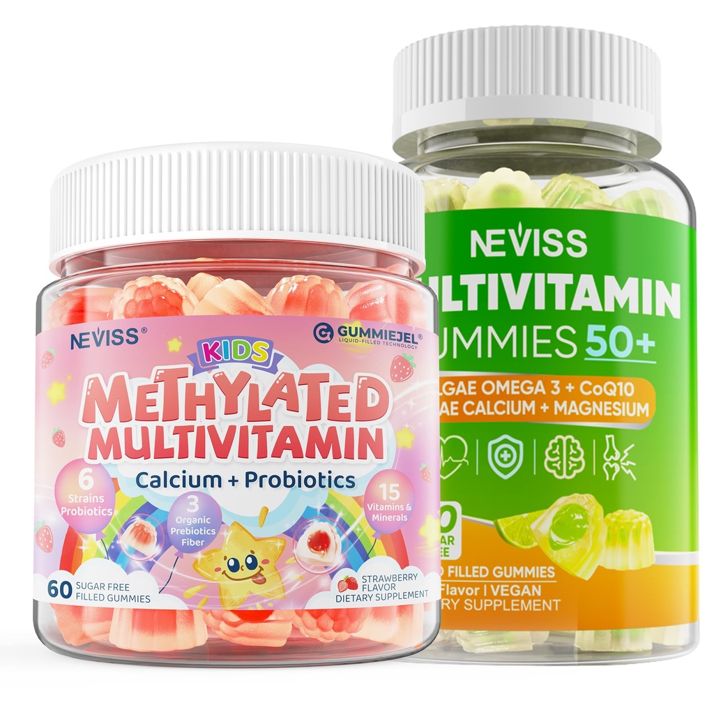 NEVISS Kids Multivitamin Gummies med Calcium, Probiotika, Vitamin D3 K2 A C + Sugar Free Men 50 + Plus, Multivitamin Gummies w / Omega-3, Coq10, D3k2, Calcium