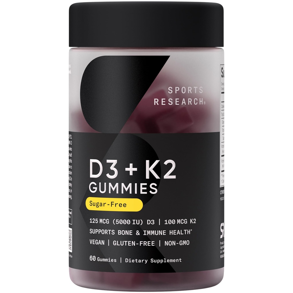 Sports Research ® Vegan Vitamin D3 + K2 Sugar- Free Gummies - 125mcg (5000iu) Vitamin D w / 100mcg Mk7 Vitamin K - Understøtter ben og immunforsvar * - Vegan Certified · Non-GMO · Soy Free - 60 Greve